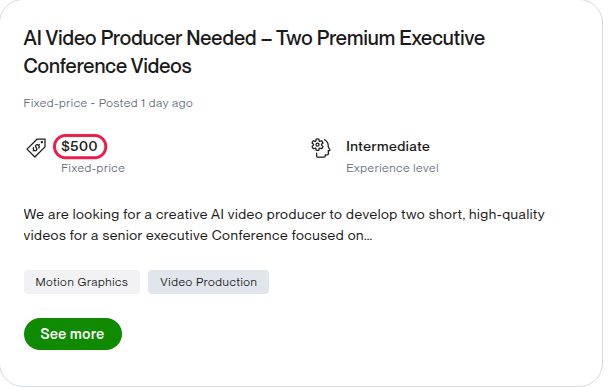 A public freelance-site job post for a business video, with its fixed budget
