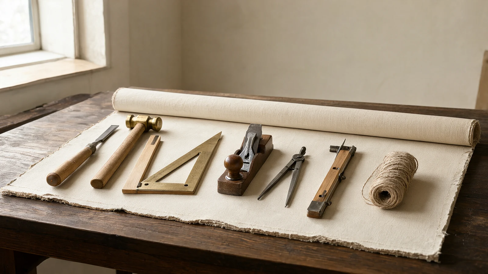 An open toolbox with warm wooden and brass tools laid out in a neat row on canvas.