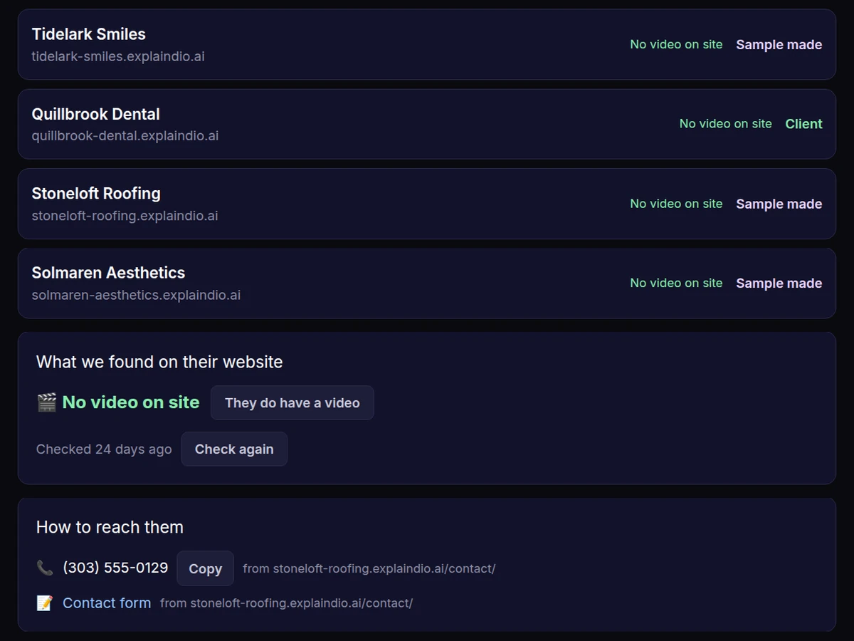 My list in Explaindio 5 AI: four example businesses marked No video on site, with what we found on their website and how to reach them, the phone number and contact form from the business's own site.