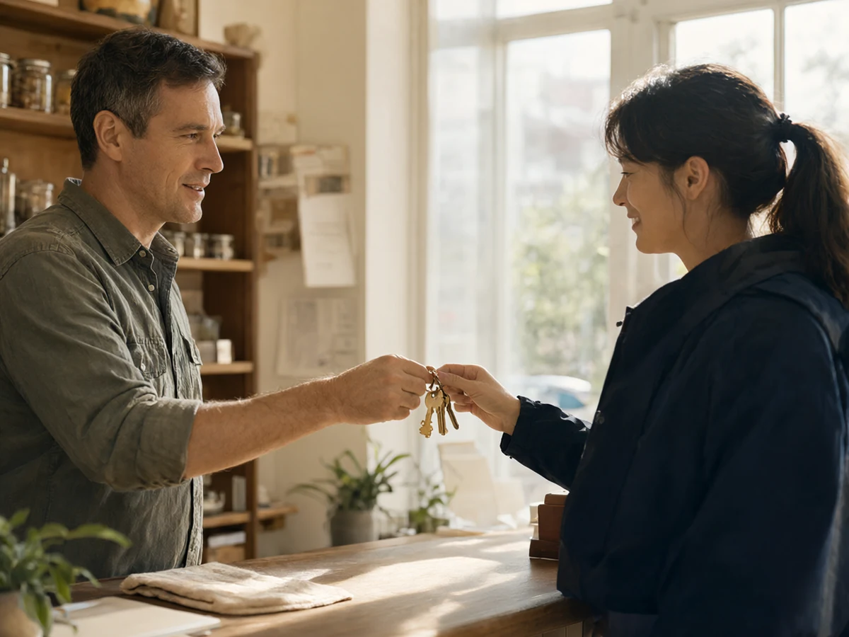 A small business owner handing a set of keys across the shop counter to a video maker.