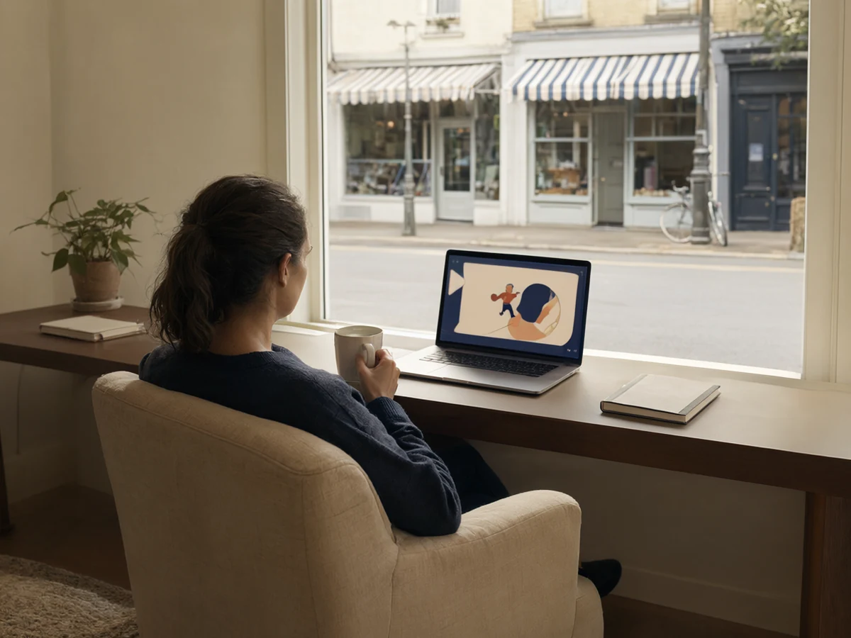 A person at a home desk watching a finished animated video play on a laptop, with a small-town street outside the window.