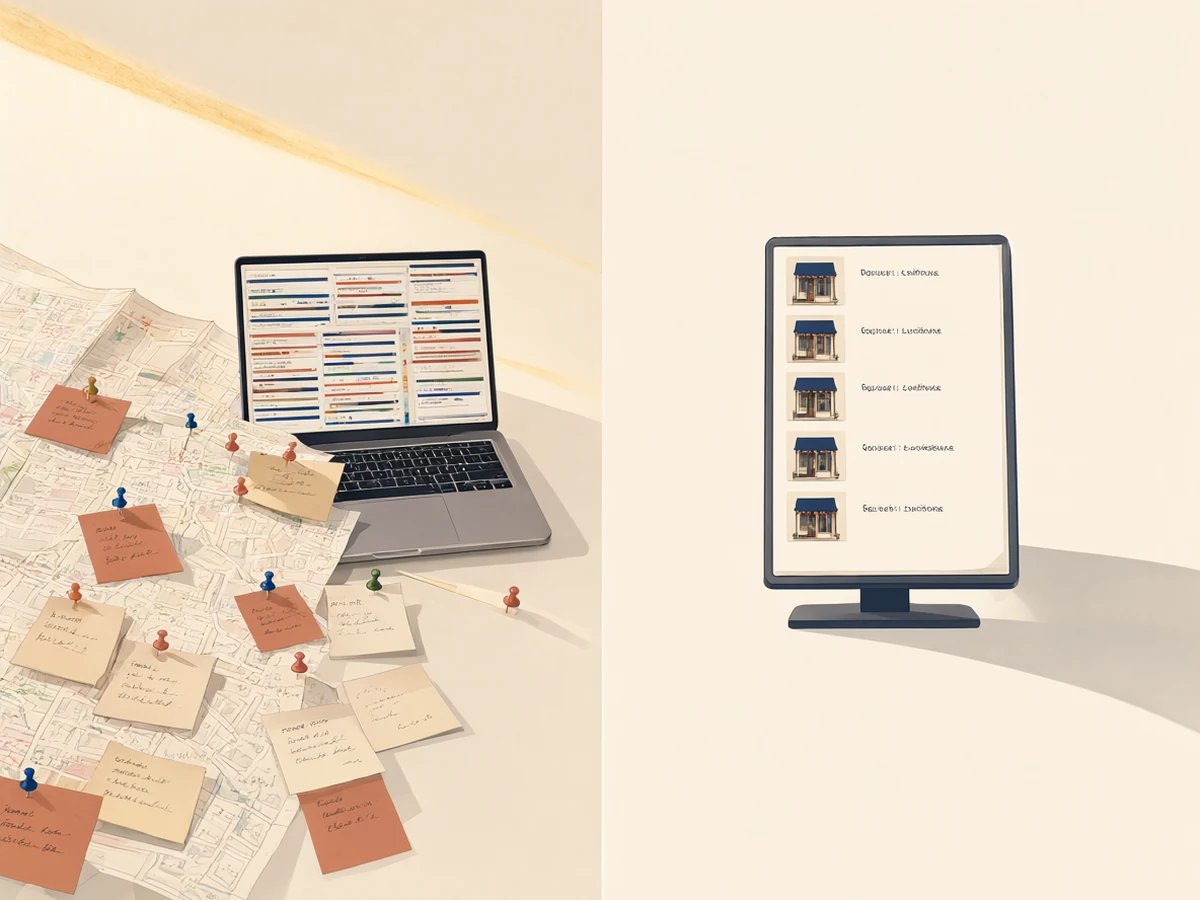 A paper street map covered in pins and sticky notes beside a cluttered laptop, next to one clean screen listing shopfronts.