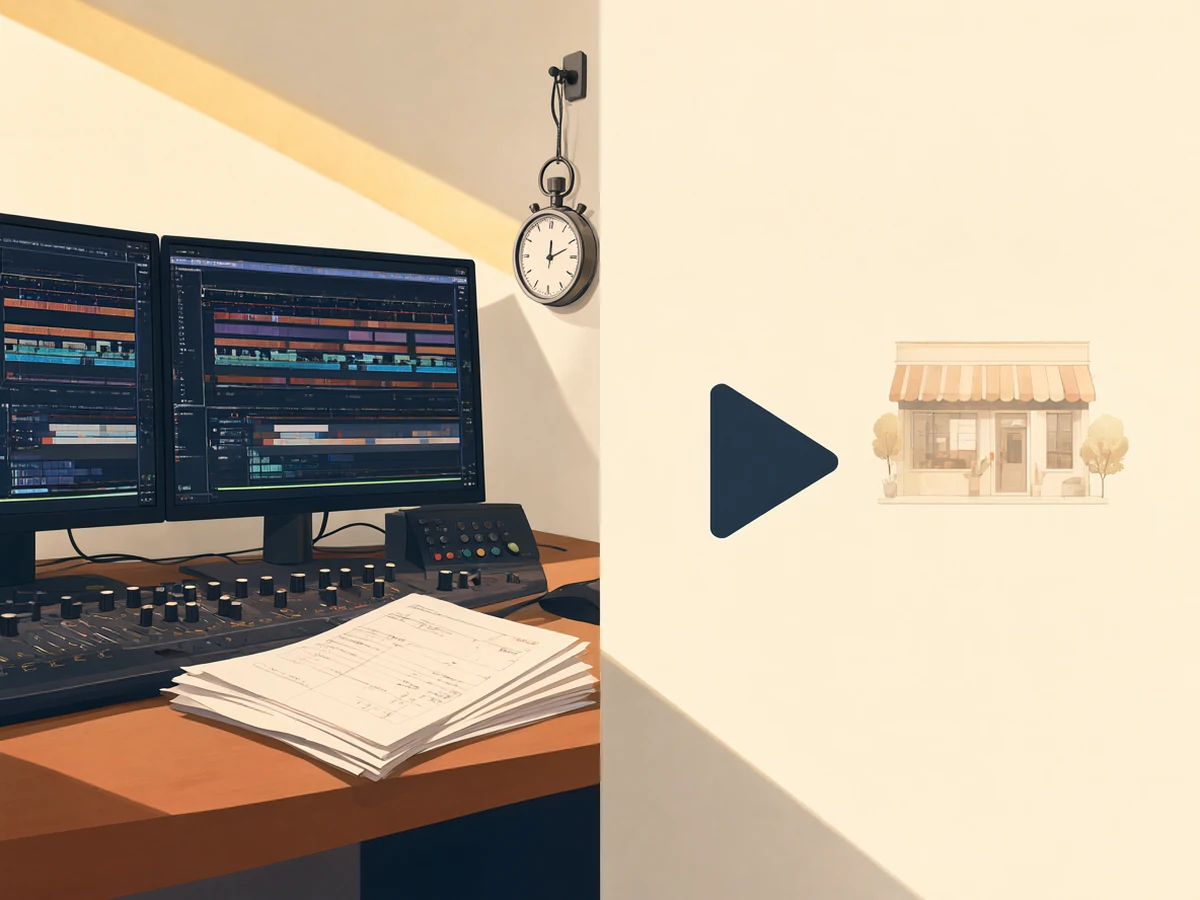 A video editing suite with a stopwatch hanging over it and a stack of invoices, next to a single play button on a finished video.