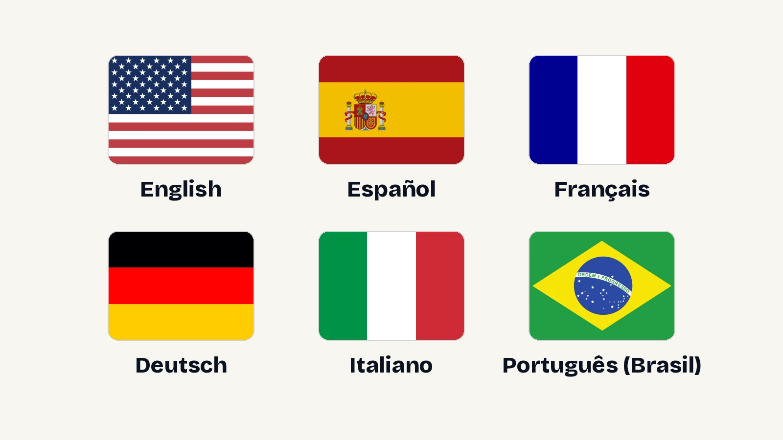Flags for the six languages the app works in: English, Español, Français, Deutsch, Italiano and Português (Brasil).